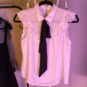 White & black bow TIE RUFFLE SILKY BLOUSE EUC small preppy